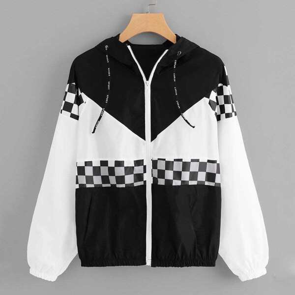 

Color Block Gingham Drawstring Jacket