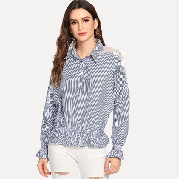 

Striped Contrast Mesh Ruffle Hem Blouse