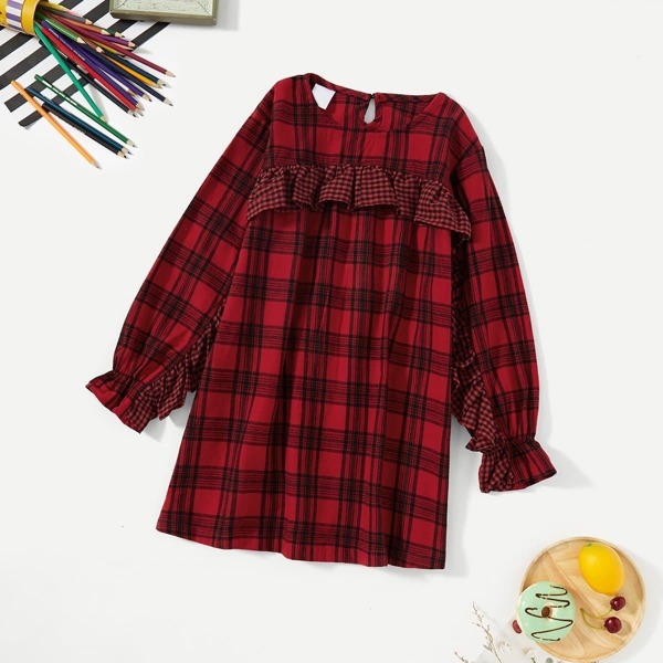 

Toddler Girls Ruffle Trim Plaid Dress, Red