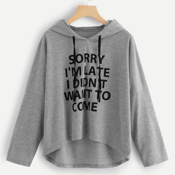 

Slogan Graphic Dip Hem Hoodie, Grey
