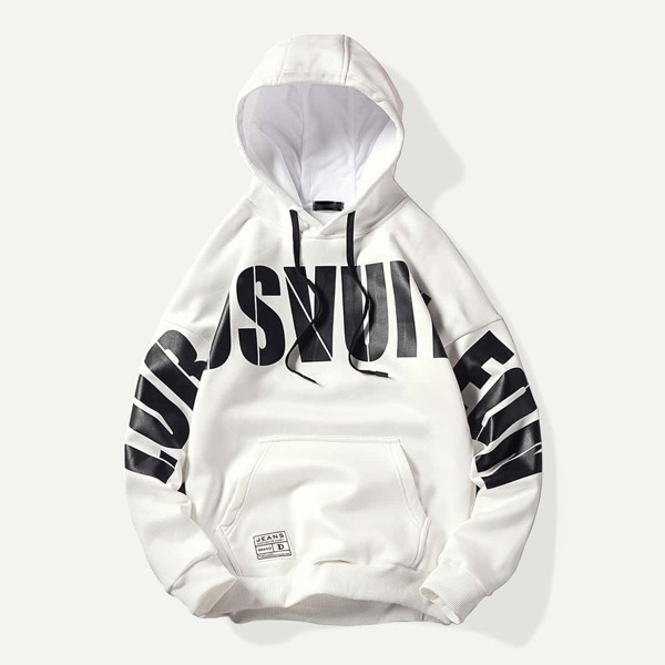 

Men Letter Print Hooded Sweatshirt, White