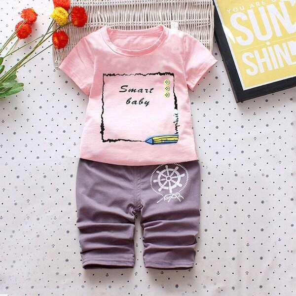 

Toddler Boys Letter And Pencil Print Top & Shorts, Multicolor