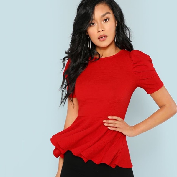 

Puff Sleeve Ruffle Hem Tee