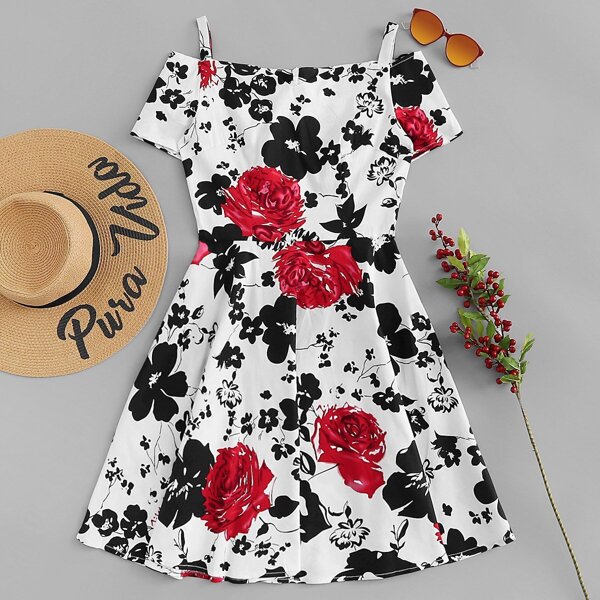 

Cold Shoulder Flower Print Dress, Multicolor