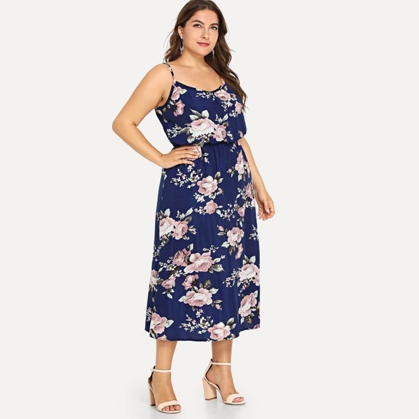

Plus Cold Shoulder Palm Tree Print Dress, Navy