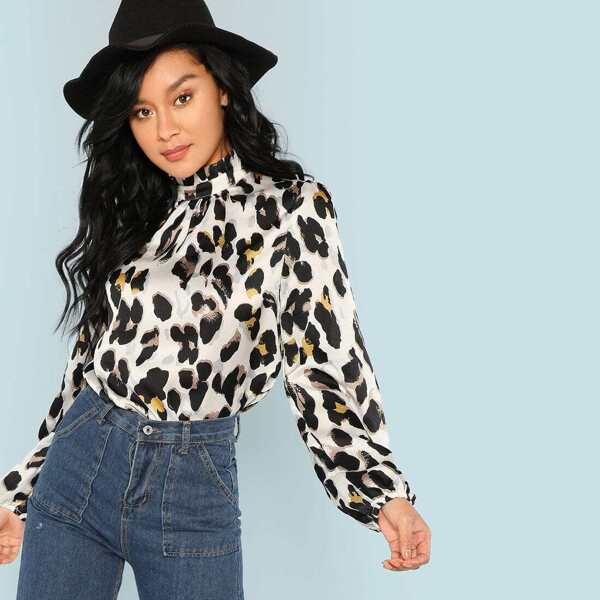 

Frill Neck Leopard Print Top, Multicolor