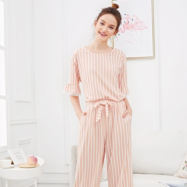 

Lace Trim Striped Pajama Set
