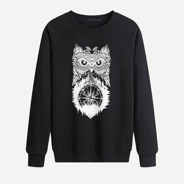 

Men Crew Neck Owl Print Sweatshirt, Black