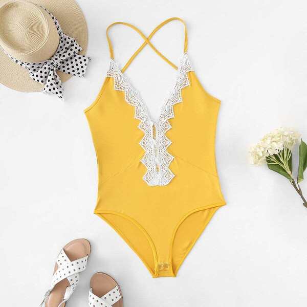 

Plus Deep V Neckline Lace Panel Bodysuit, Yellow
