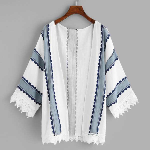

Lace Trim Printed Kimono, Multicolor