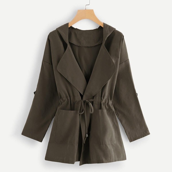 

Solid Drawstring Waist Hooded Coat, Brown