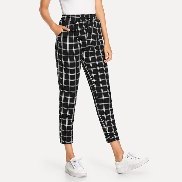 

Drawstring Waist Checked Pants, Black and white