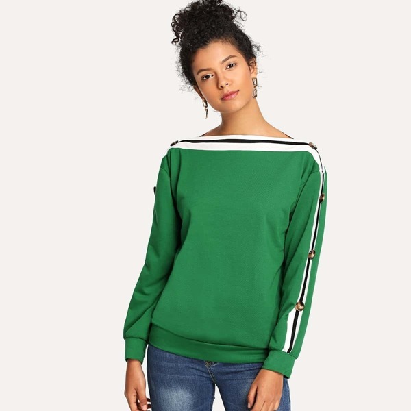 

Striped Button Detail Sweatshirt, Green