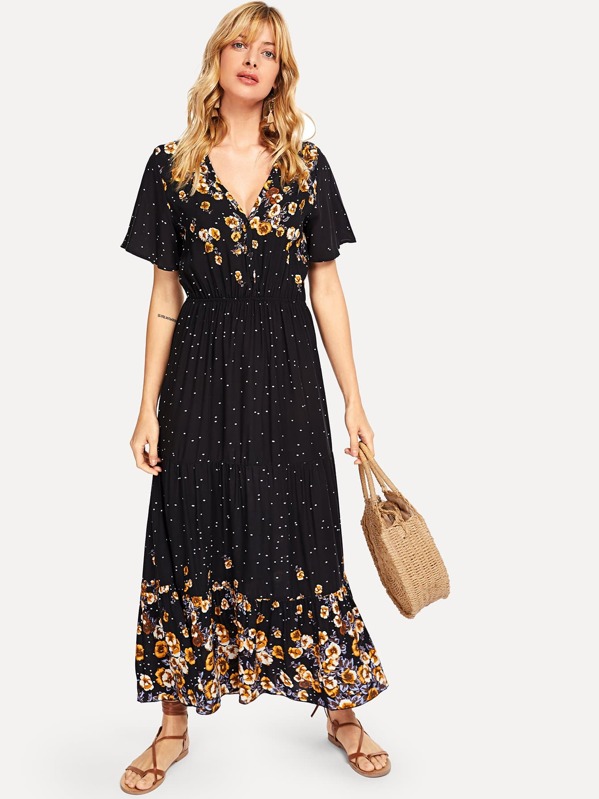 

Button Front Ruffle Hem Floral Dress, Black, Masha