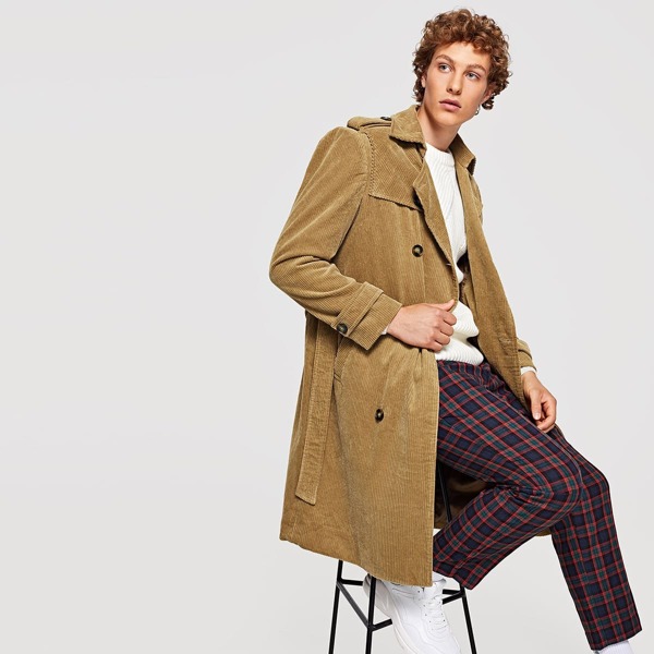 

Men Double Breasted Belted Corduroy Coat, Brown