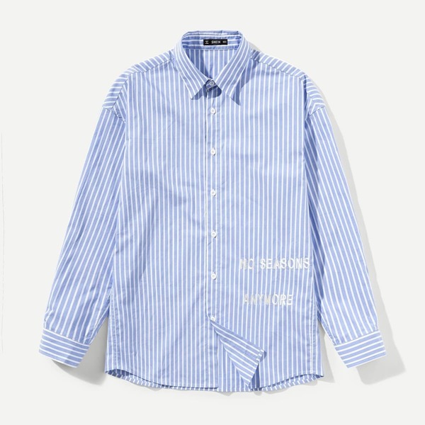 

Men Striped Print Lettering Shirt, Blue