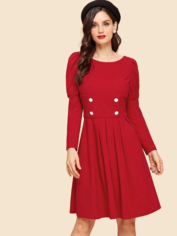 

Двойная кнопка Puff Sleeve Pleated Dress, Julie H.