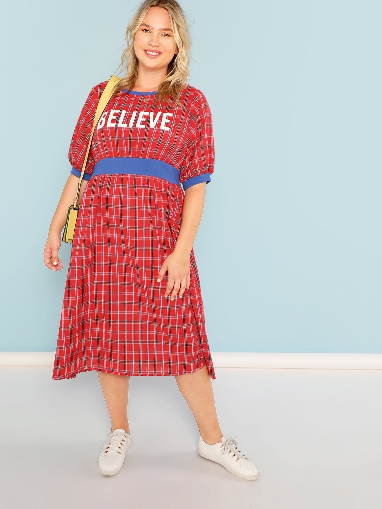 plus puff sleeve plaid dress