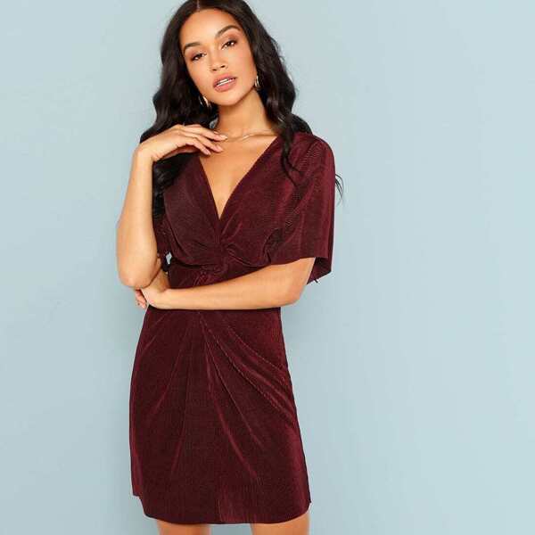 

Plunging Twist Front Ribbed Kimono Dress