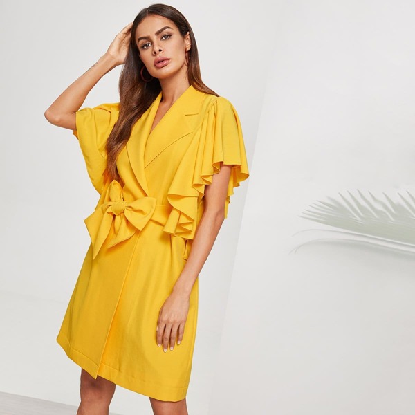 

Flounce Trim Belted Coat, Yellow