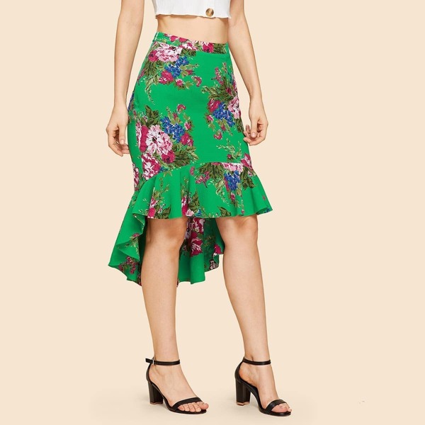

Asymmetrical Ruffle Hem Floral Skirt, Green