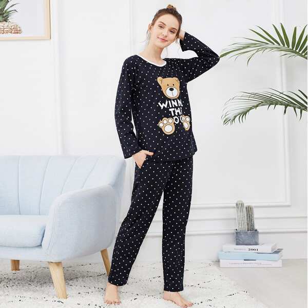 

Bear Print Polka Dot Pajama Set