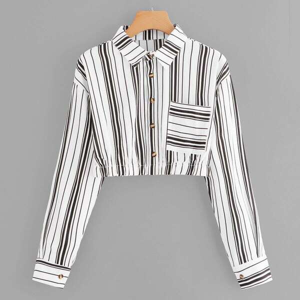 

Chest Pocket Striped Crop Shirt