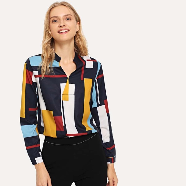 

V Neck Geometric Print Blouse, Multicolor