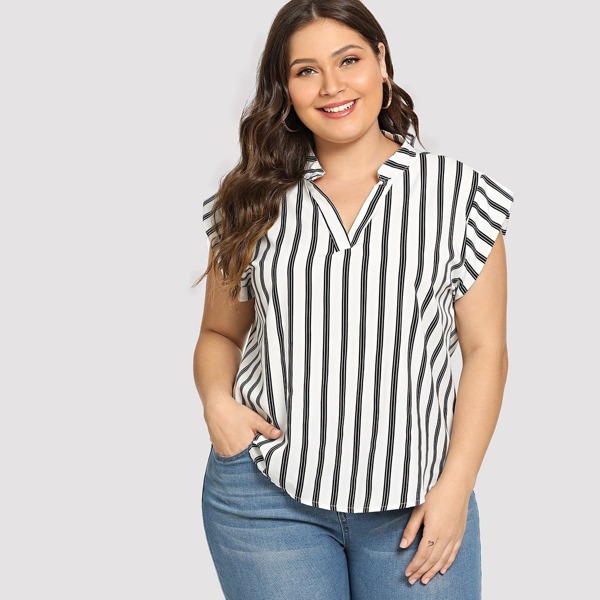 

Plus Striped V Neck Asymmetrical Blouse, Black and white