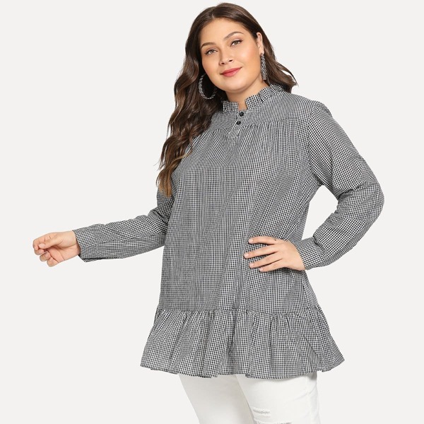 

Plus Ruffle Hem Plaid Blouse