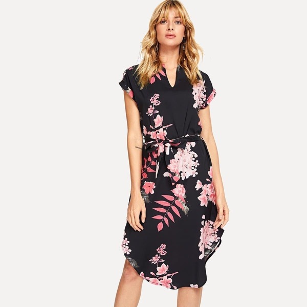 

Floral Print Curved Hem Self Tie Dress