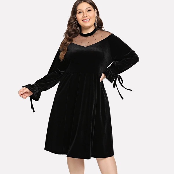

Plus Contrast Mesh Beaded Decoration Solid Dress