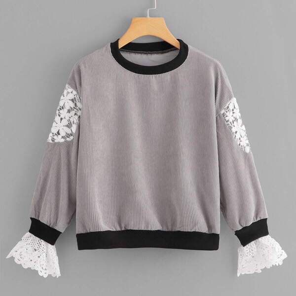 

Contrast Lace Striped Sweatshirt, Grey