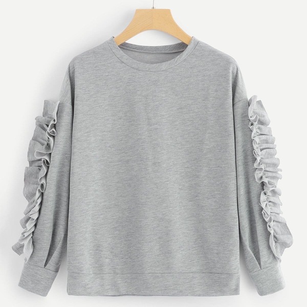 

Frill Decoration Solid Sweatshirt, Grey