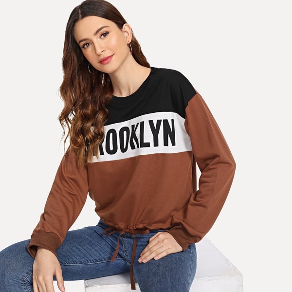 

Drawstring Hem Letter Print Sweatshirt