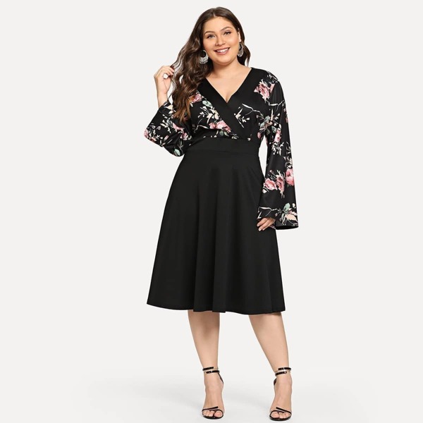 

Plus Surplice Neck Floral Dress