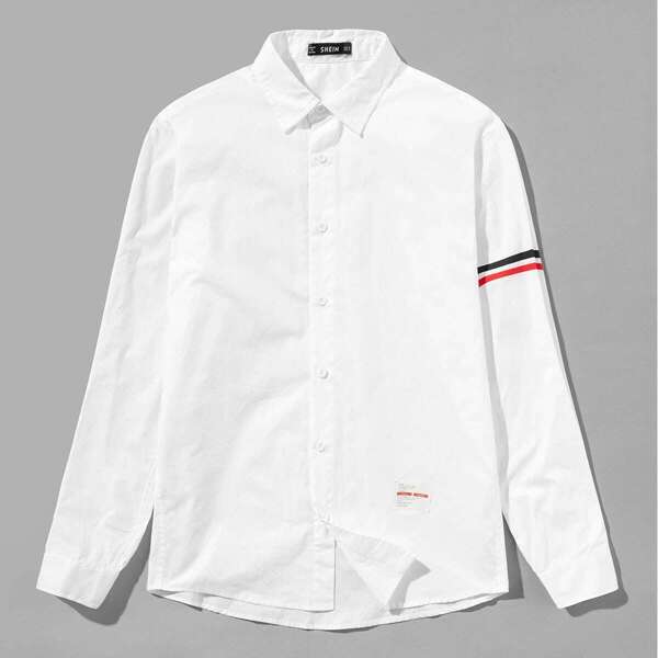 

Men Striped Trim Sleeve Shirt, White