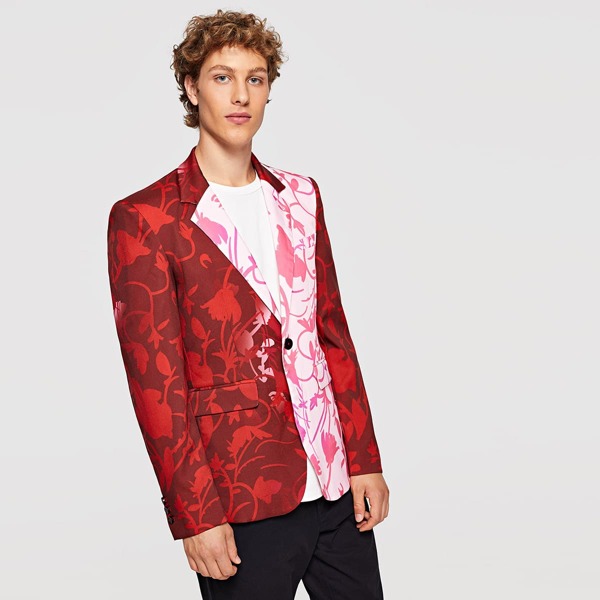 

Men Pocket & Button Up Notched Neck Floral Blazer, Multicolor