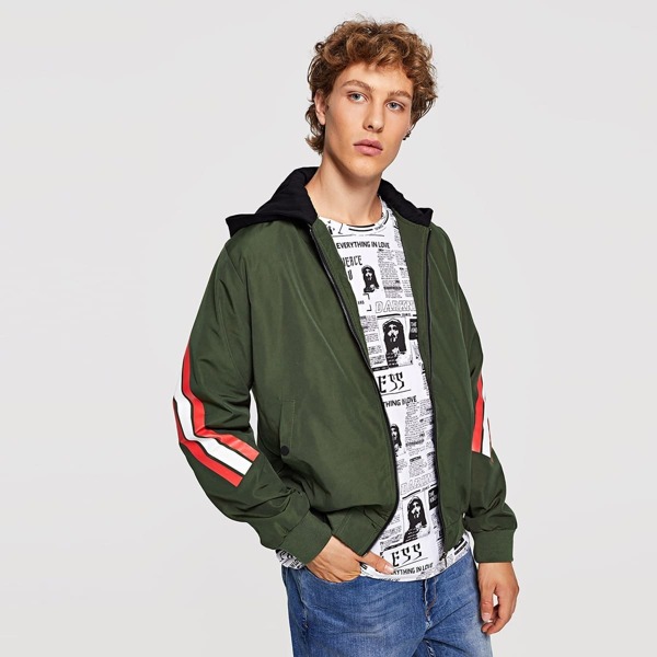 

Men Zip Front Hooded Striped Coat, Army green