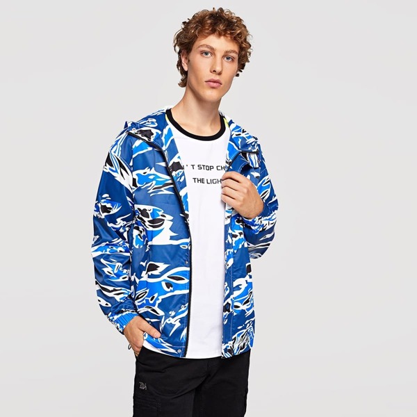 

Men Zip Front Hooded Camo Print Coat, Blue