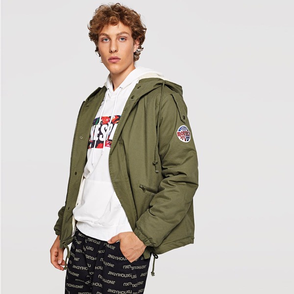 

Men Drawstring Hem Zip Up Button Coat, Army green