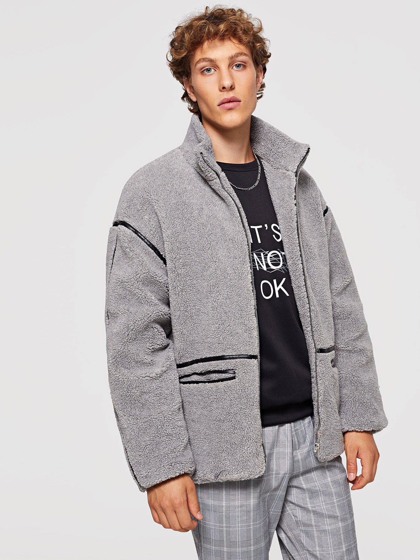 men zip up faux fur pocket coat