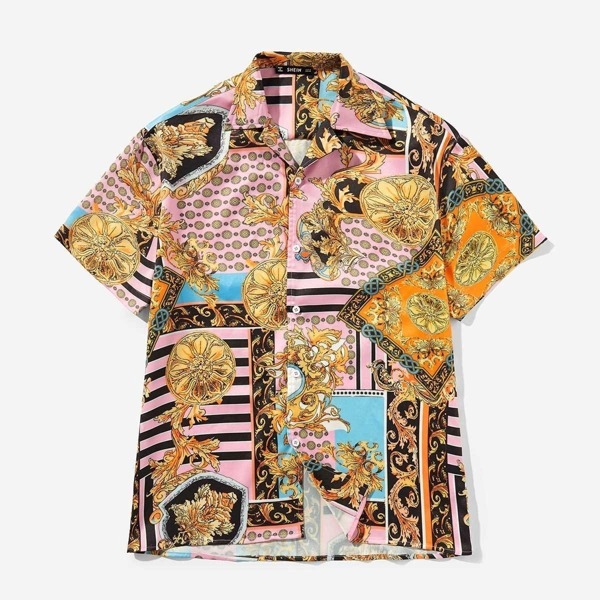

Men Button Up Floral Collar Neck Top