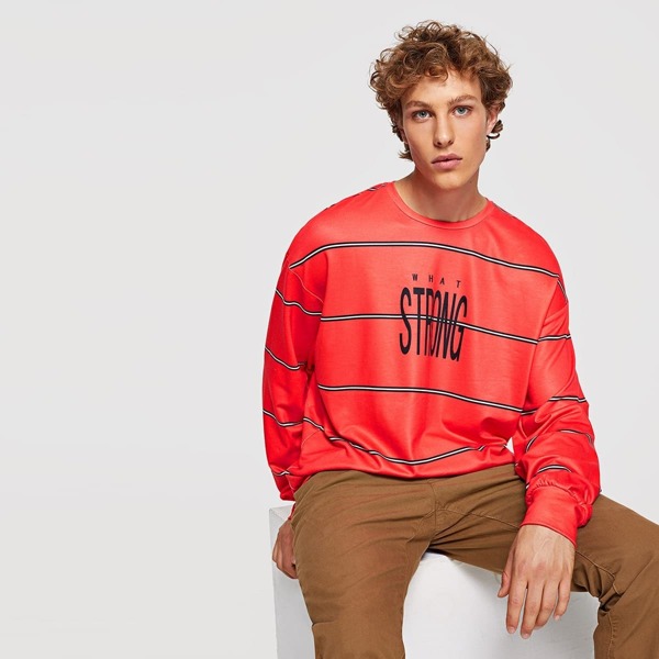 

Men Crew Neck Letter Print Striped Pullover, Orange