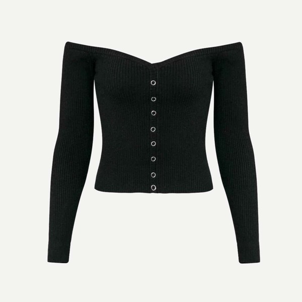 

Button Up Off Shoulder Ribbed Jumper