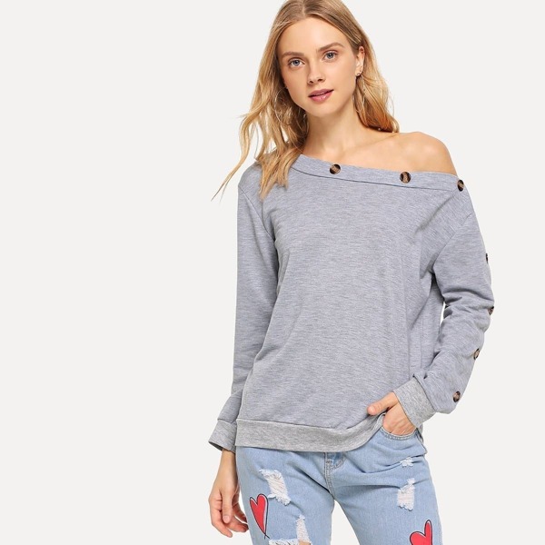 

Oblique Shoulder Button Detail Sweatshirt, Grey