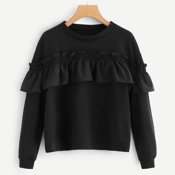 

Frill Trim Solid Sweatshirt, Black