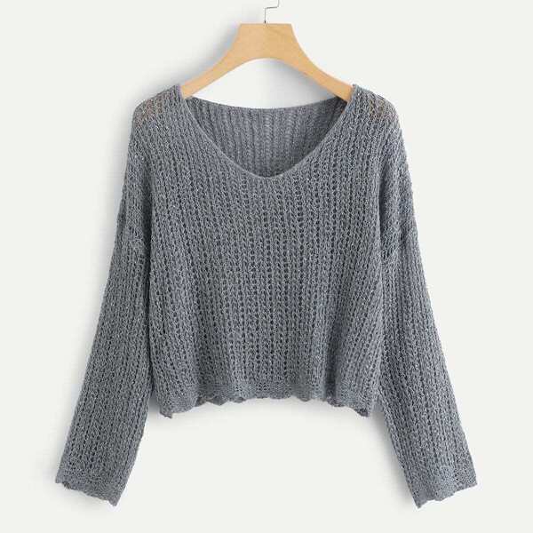 Scallop Hem Drop Shoulder Sweater, Grey