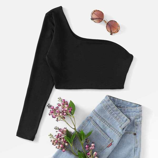 

One Shoulder Solid Crop Tee, Black