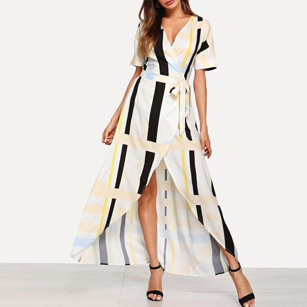 

Self Belted Asymmetrical Hem Dress, Multicolor